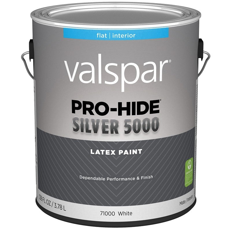 Valspar Pro-Hide Silver 5000 7100 028.0071000.007 Latex Paint, Water Base, Flat Sheen, White Base, 1 gal, Metal Can (Pack of 4)