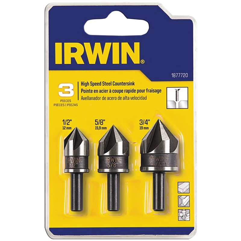 Irwin 1877720 Countersink Drill Bit, Specifications: 1/4 in Shank, HSS, Includes: 1/2, 5/8 and 3/4 in Countersink
