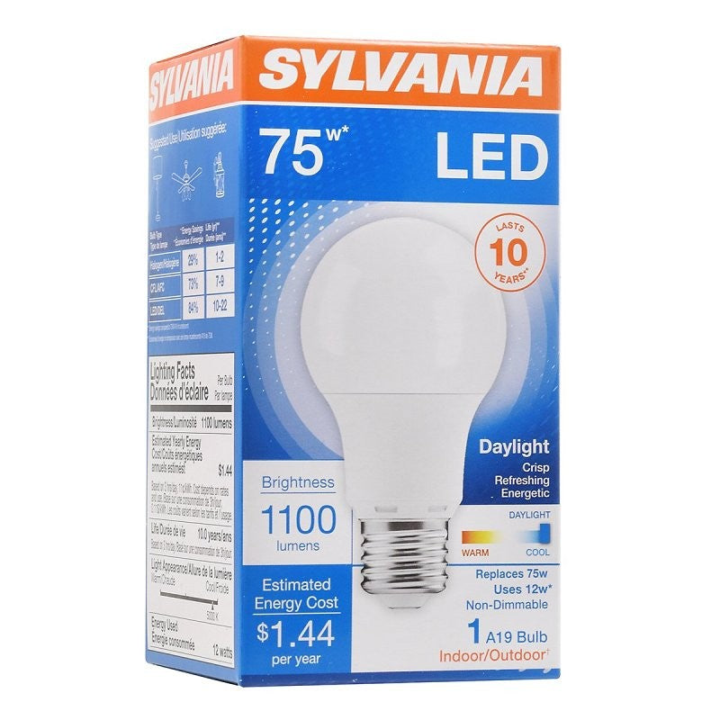 Sylvania 79293 LED Light Bulb, General Purpose, A19 Lamp, 75 W Equivalent, E26 Lamp Base, Frosted, White Light