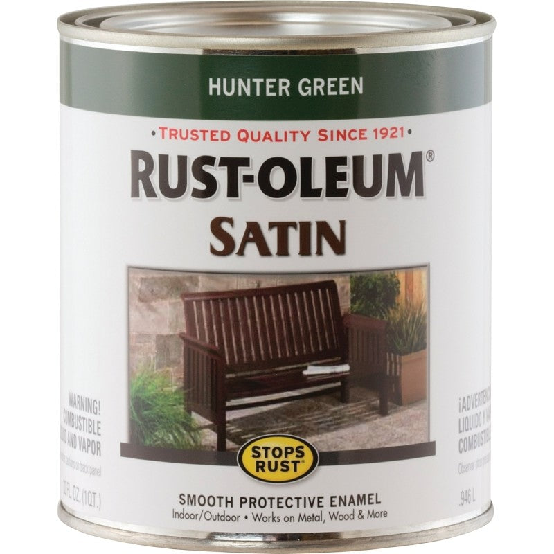Rust-Oleum 7732502 Enamel Paint, Satin, Hunter Green, 1 qt, Can, 60 to 100 sq-ft/qt Coverage Area