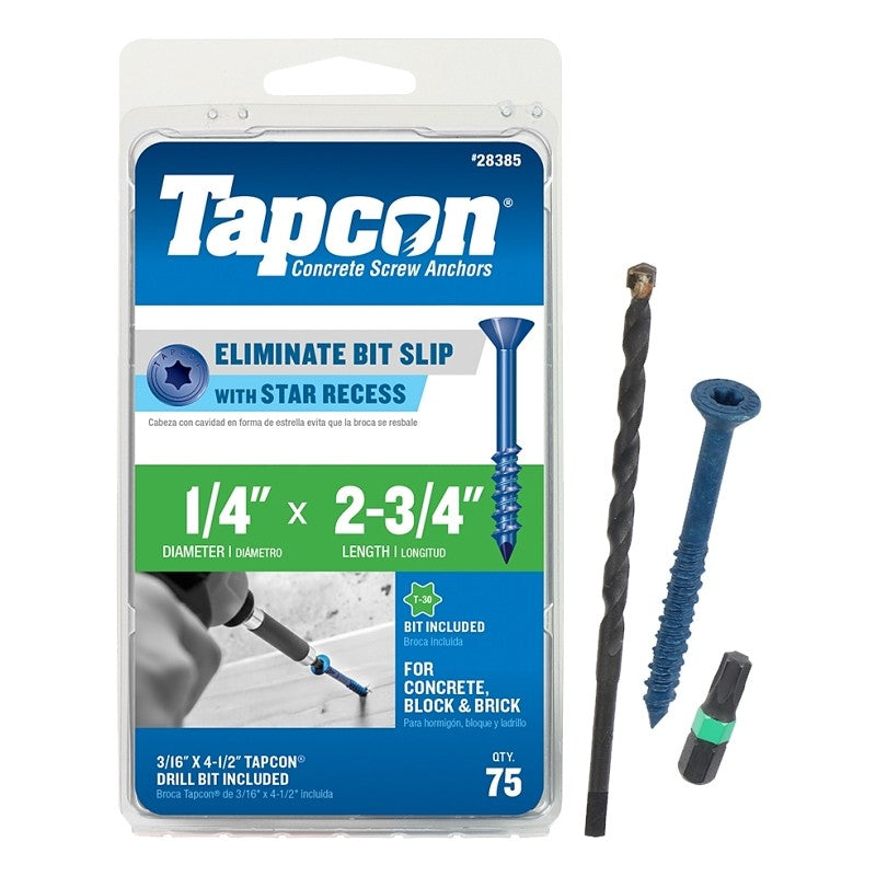 Tapcon 28385 Concrete Screw Anchor, T30 Screw, 1/4 in Dia, 2-3/4 in L, Steel, Climaseal, 75/PK