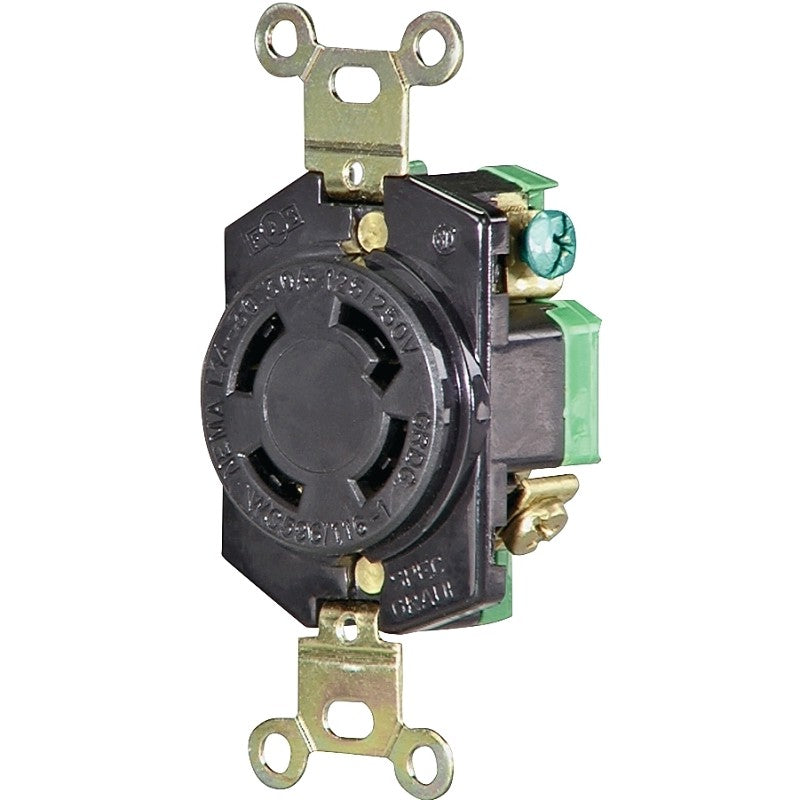 Eaton Wiring Devices L1430R Single Receptacle, Flush Mounting, 3-Pole, 125/250 V, 30 A, Back and Side Wiring, Black