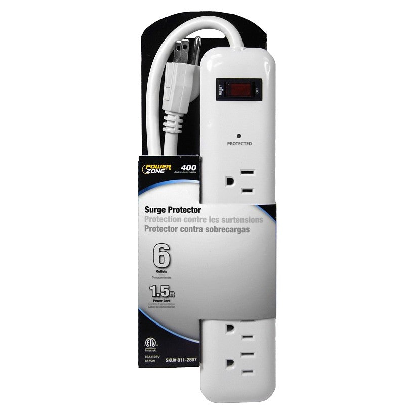 PowerZone OR802013 Surge Protector Power Strip, 125 V, 15 A, 6-Outlet, 400 Joules Energy, White