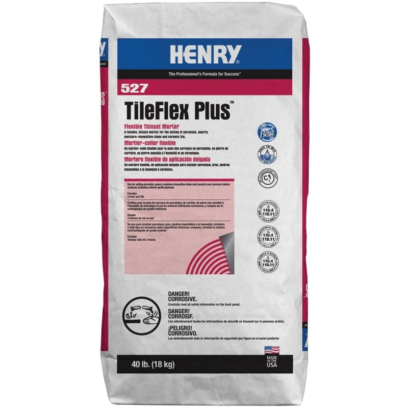 Henry 527 TileFlex Plus Series 13080 Thin-Set Mortar, Gray, Fine Solid Powder, 40 lb, Bag