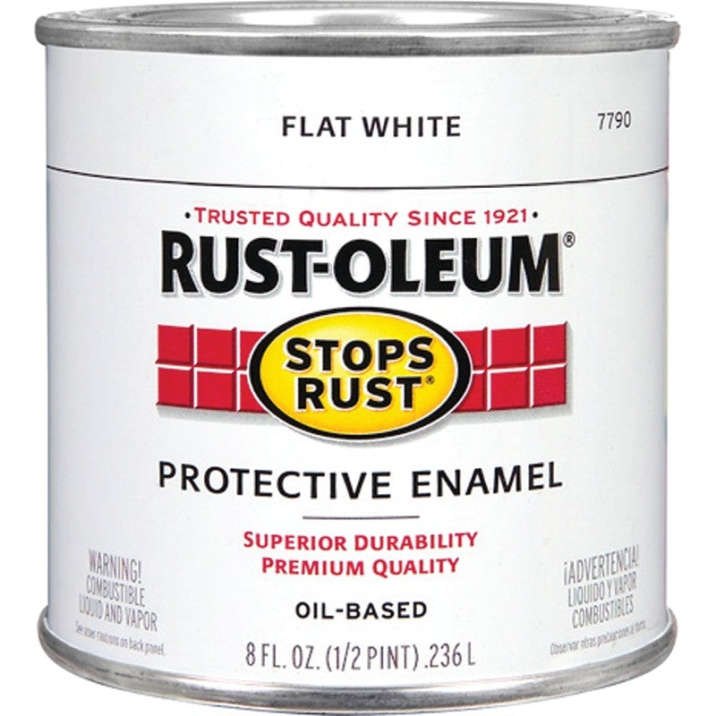 Rust-Oleum Stops Rust 7790730 Enamel Paint, Oil, Flat, White, 0.5 pt, Can, 50 to 110 sq-ft/qt Coverage Area