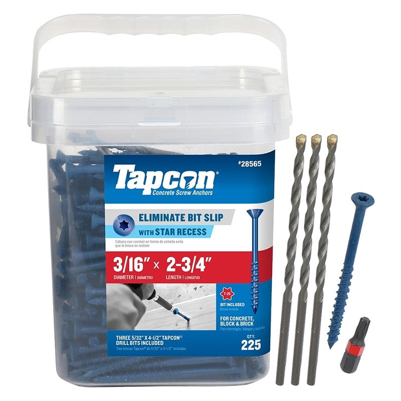 Tapcon 28565 Concrete Screw Anchor, T25 Screw, 3/16 in Dia, 2-3/4 in L, Steel, Climaseal, 225/PK