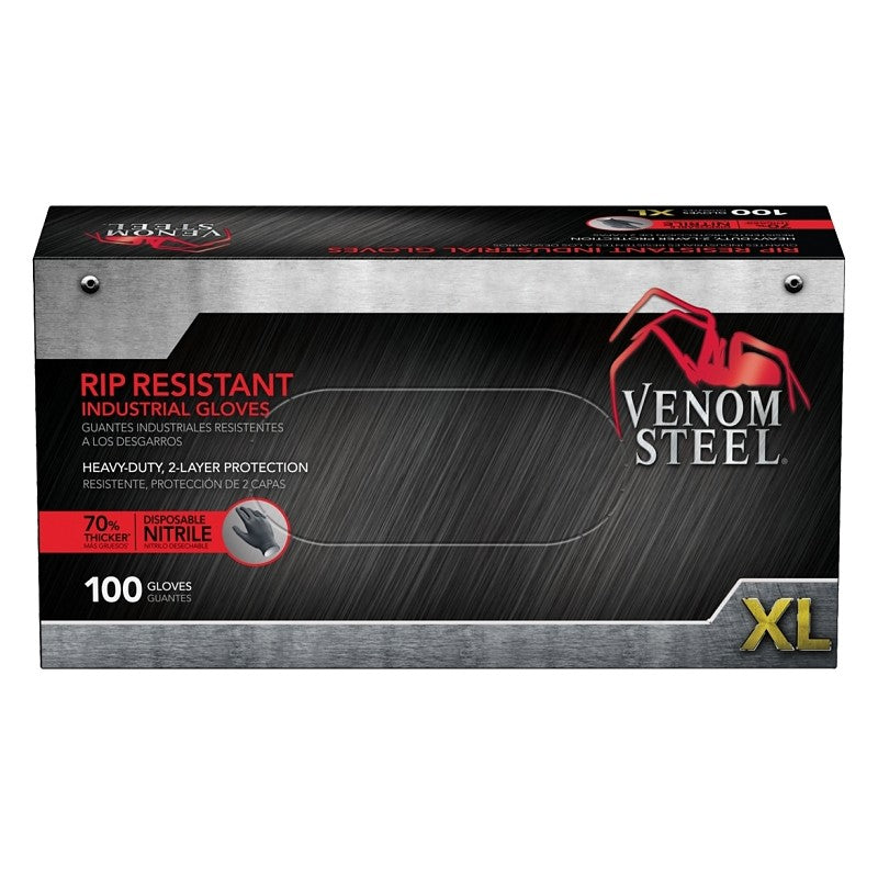 Venom Steel VEN6144N Disposable Gloves, 100 BX, XL, Nitrile, Powder-Free, Black, 9-1/2 in L, Beaded Cuff