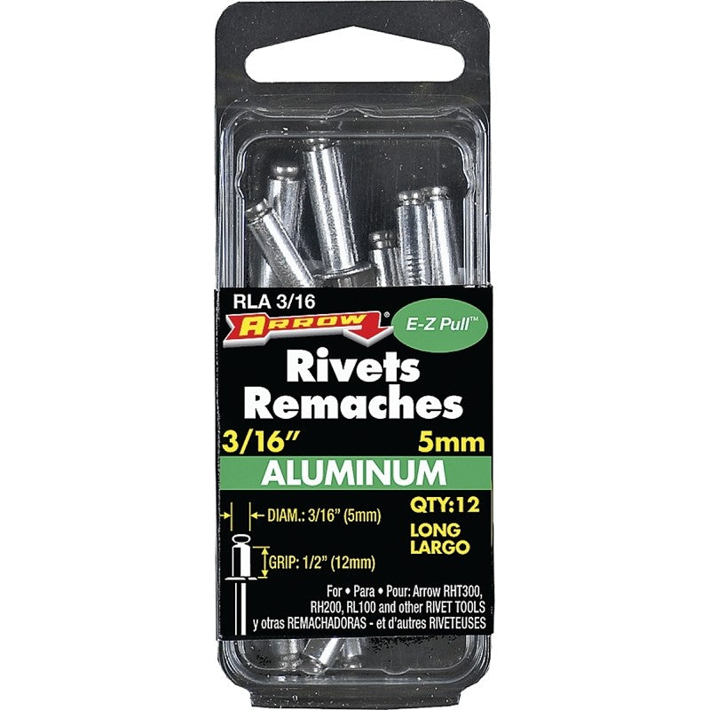 Arrow RLA3/16 Pop Rivet, Long, 1/2 in Grip, 1/2 in L, Aluminum, Silver, 12/PK