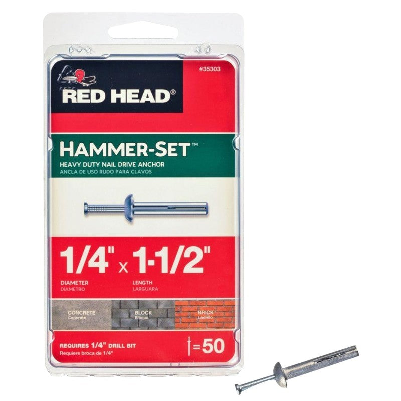 Red Head Hammer-Set 35303 Anchor, 1/4 in Dia, 1-1/2 in L, Steel, Zinc