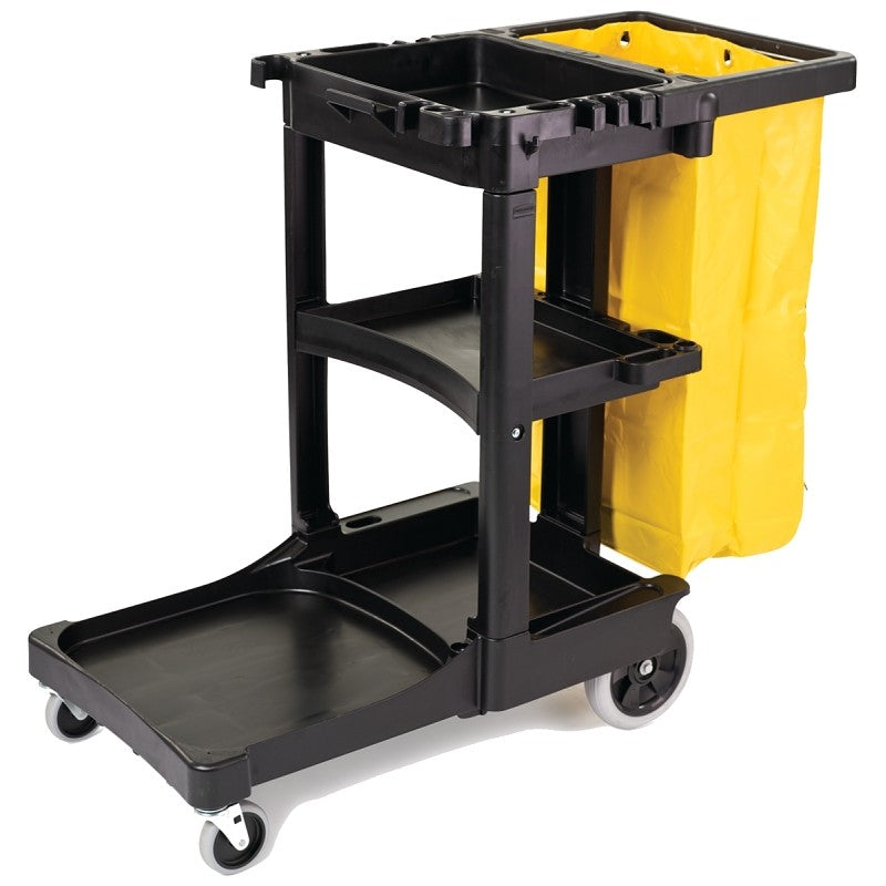 Rubbermaid FG617388BLA Janitor Cleaning Cart, 32 gal, 46 in OAL, 21.8 in OAW, 38.4 in OAH, Plastic, Black