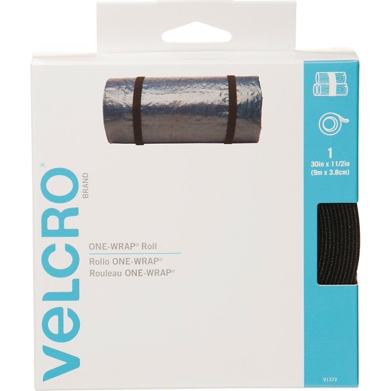 VELCRO Brand One Wrap 91372 Fastener, 1-1/2 in W, 30 in L, Nylon/Polypropylene, Black