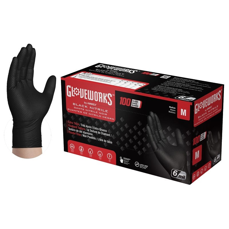 Gloveworks GWBN44100 Heavy-Duty Disposable Gloves, M, Nitrile, Powder-Free, Black, 9-1/2 in L