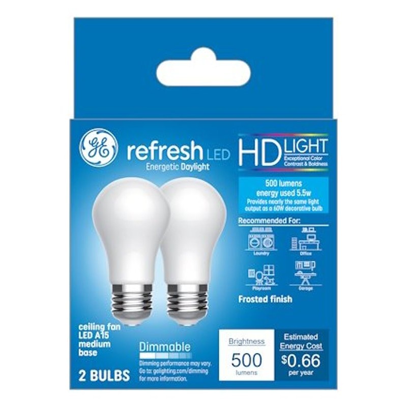 GE Refresh Series 31754 Ceiling Fan Light Bulb, High-Definition, A15 Lamp, 60 W Equivalent, Medium Lamp Base, Yes