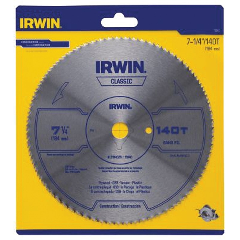 Irwin 11840 Circular Saw Blade, 7-1/4 in Dia, 5/8 in Arbor, 140-Teeth, Bi-Metal Cutting Edge