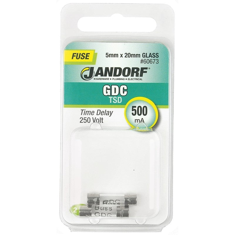 Jandorf 60673 Series Time Delay Fuse, 0.01 Ohm, 500 mA, 250 V, 35 A Interrupt, Glass Body