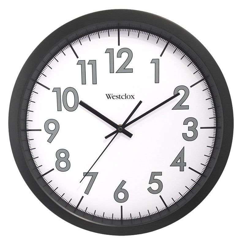 Westclox 32067 Clock, 14 in Dia, Round, Black Frame, Plastic Clock Face, Analog, Glass Lens