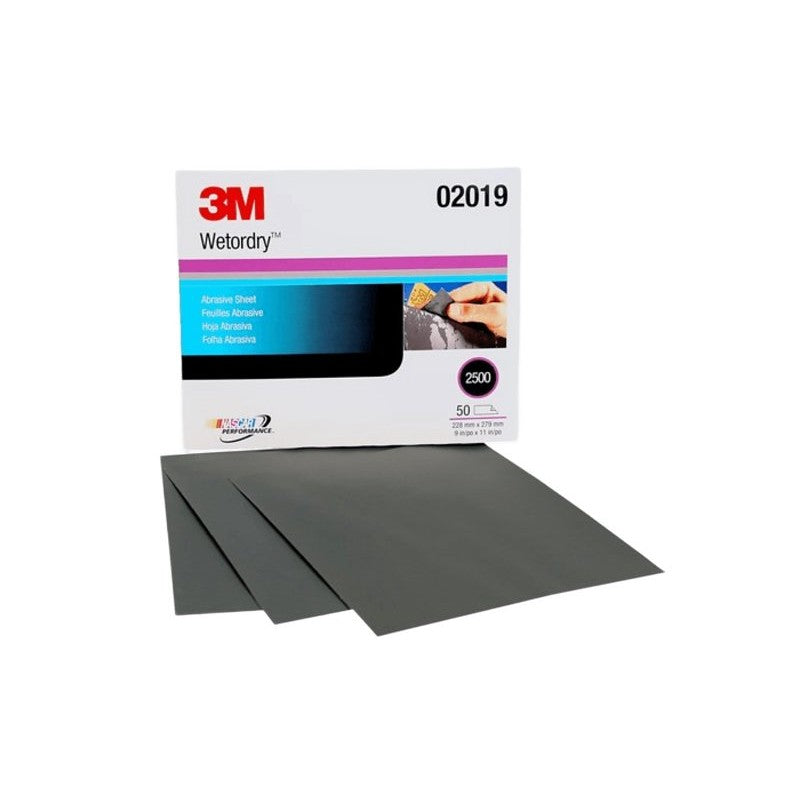 3M Wetrodry Series 02019 Abrasive Sheet, 11 in L, 9 in W, 2500 Grit, Fine, Aluminum Oxide/Silicon Carbide Abrasive (Pack of 50)