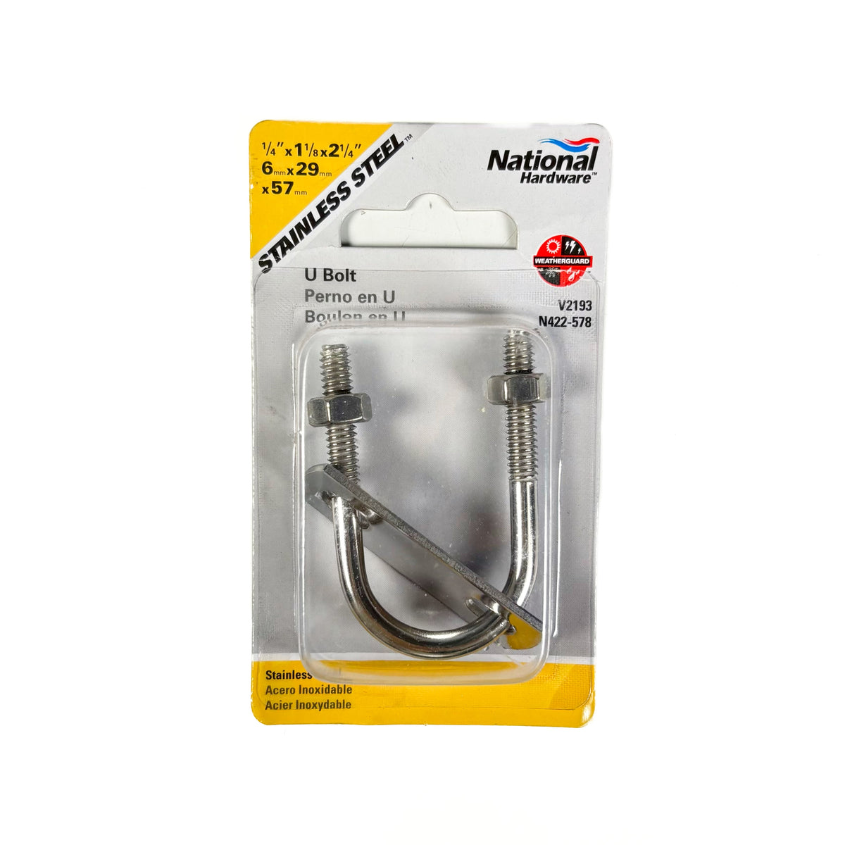 U-Bolt With Plate & Nuts 1/4 by 1-1/8 by 2-1/4 Inch Stainless Steel