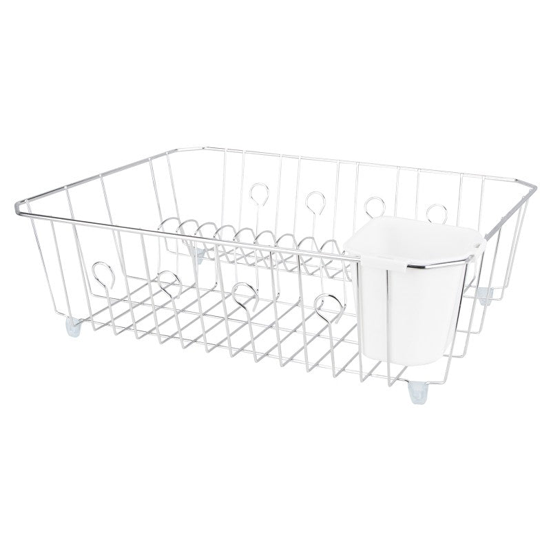 Simple Spaces JI-25C-3L Dish Drainer with Cutlery Basket, 20 lb, 18 in L, 13-1/2 in W, 5-1/2 in H, Steel, Silver, Chrome