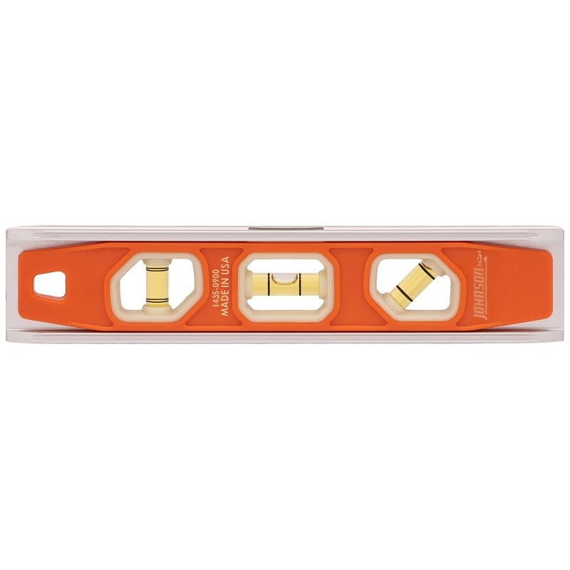 Johnson Glo-View Series 1435-0900 Torpedo Level, 9 in L, 3-Vial, 1-Hang Hole, Magnetic, Aluminum/Plastic, Orange