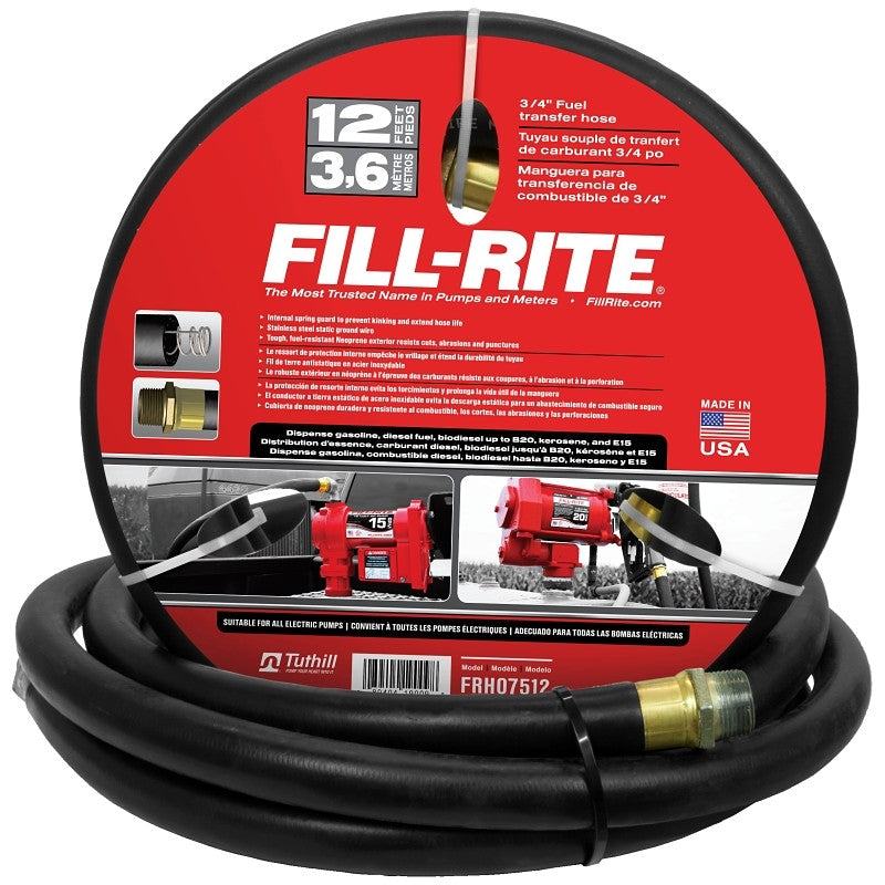 Fill-Rite FRH07512 Fuel Transfer Hose Male, 12 ft L, 50 psi Pressure, Neoprene, Black
