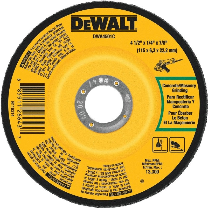 DEWALT DWA4501C Grinding Wheel, 4-1/2 in Dia, 1/4 in Thick, 7/8 in Arbor, 24 Grit, Aluminum Oxide Abrasive (Pack of 25)