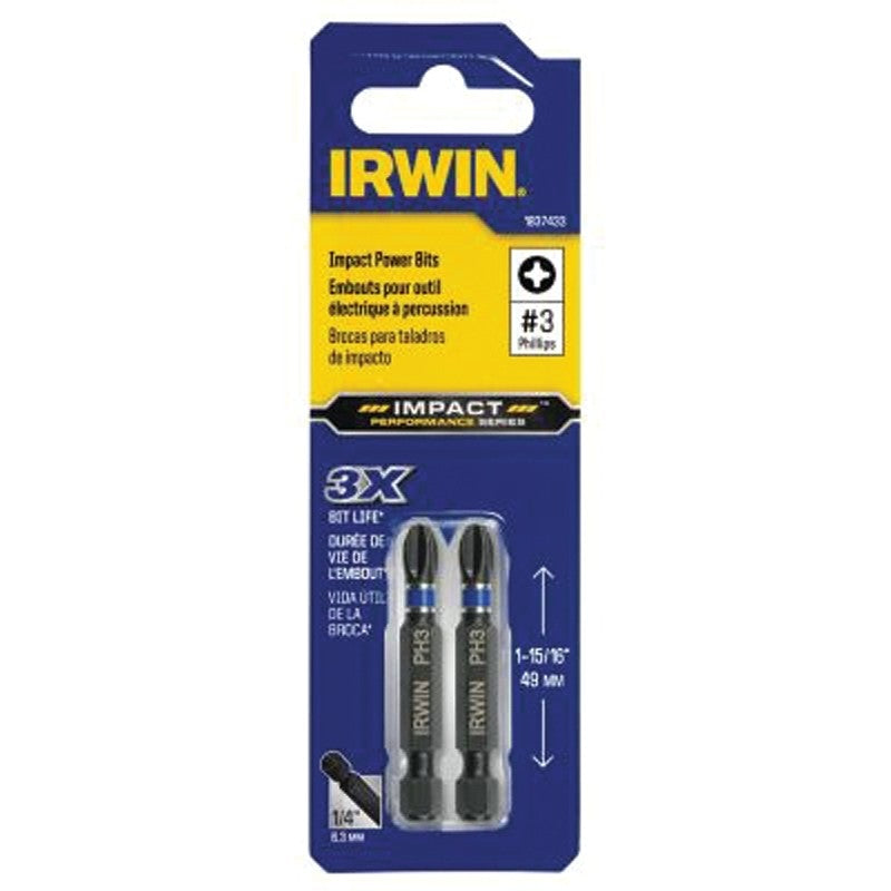 Irwin 1837433 Power Bit, #3 Drive, Phillips Drive, 1/4 in Shank, Hex Shank, 2 in L, S2 Steel