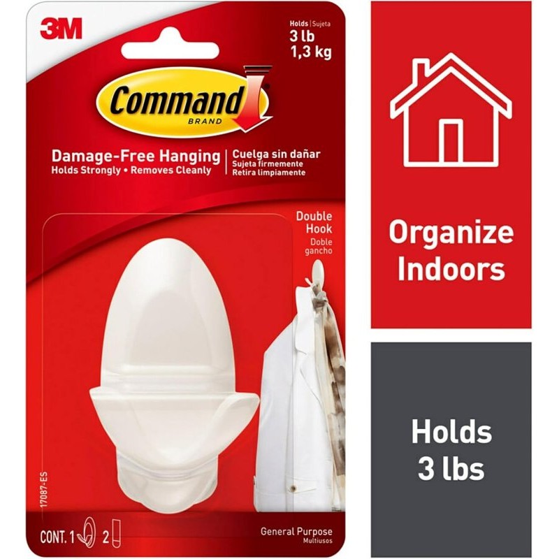 Command 17087-ES Medium Double Hook, 3 lb, 2-Hook, Plastic, White, Unfinished