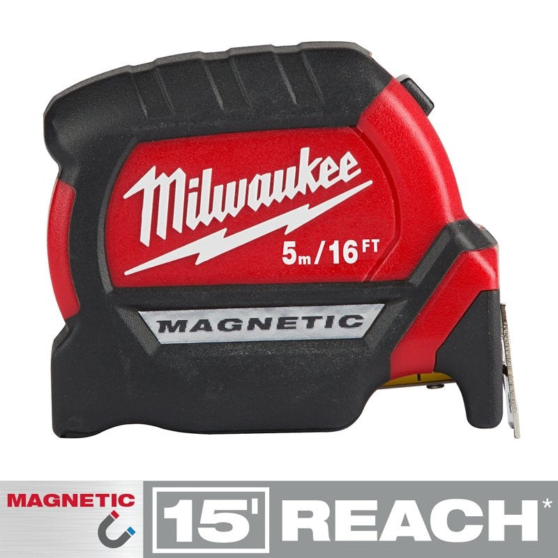 Milwaukee 48-22-1017M Tape Measure, 5 m, 16 ft L Blade, 1-1/8 in W Blade, Steel Blade, ABS Case, Black/Red Case