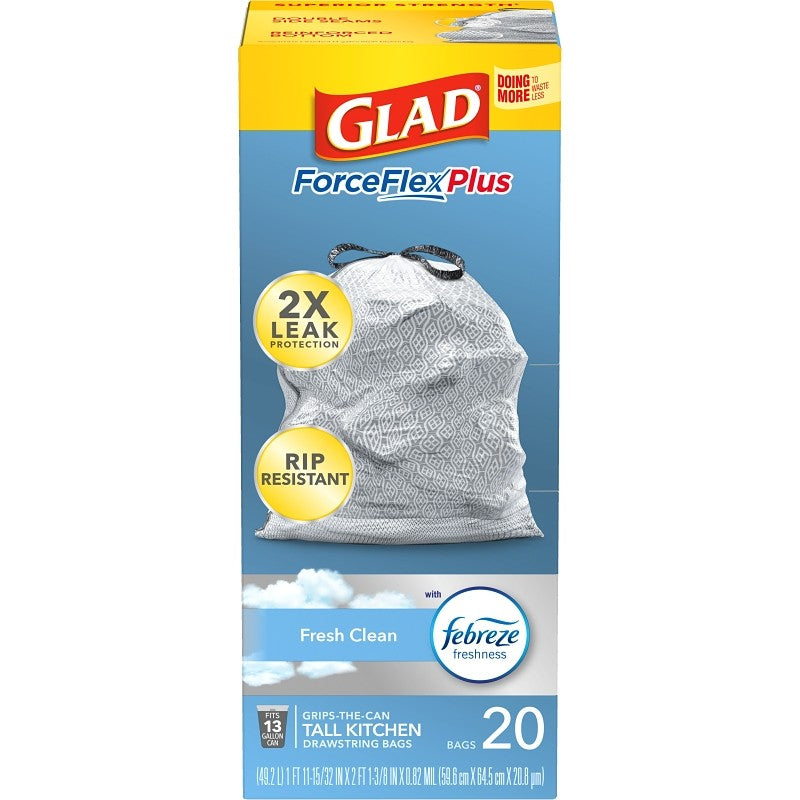 Glad ForceFlex MaxStrength Series 79208 Trash Bag, XL, 13 gal, Plastic, White (Pack of 6)