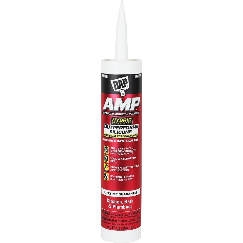 DAP AMP 7079800762 Advanced Sealant Caulk, White, 30 min Curing, 9 oz Cartridge