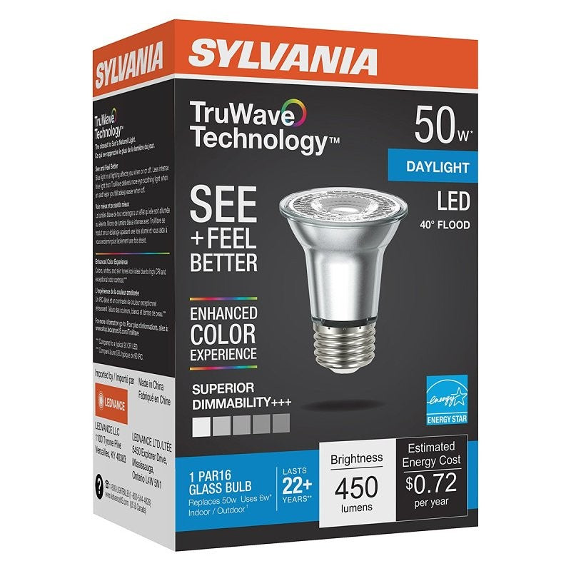 Sylvania 40931 Natural LED Bulb, Spotlight, PAR16 Lamp, E26 Lamp Base, Dimmable, Daylight Light, 5000 K Color Temp