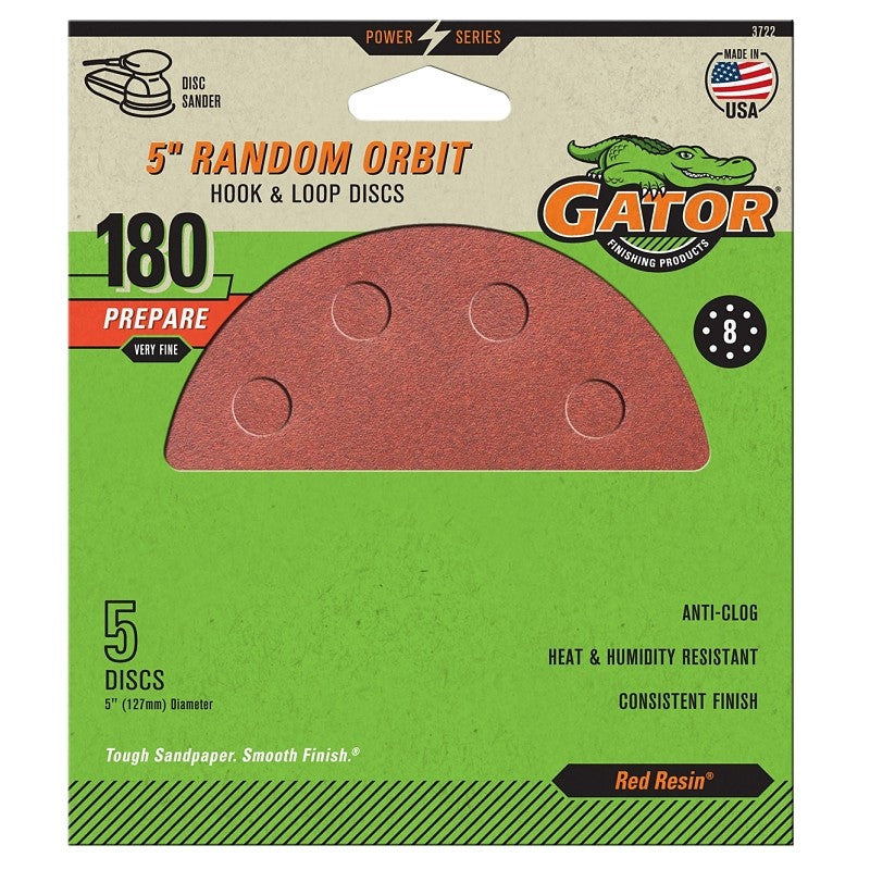 Gator 3722 Sanding Disc, 5 in Dia, 180 Grit, Very Fine, Aluminum Oxide Abrasive, Vented