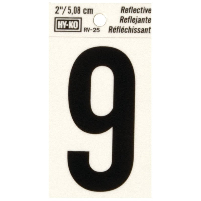 Hy-Ko RV-25/9 Reflective Sign, Character: 9, 2 in H Character, Black Character, Silver Background, Vinyl (Pack of 10)