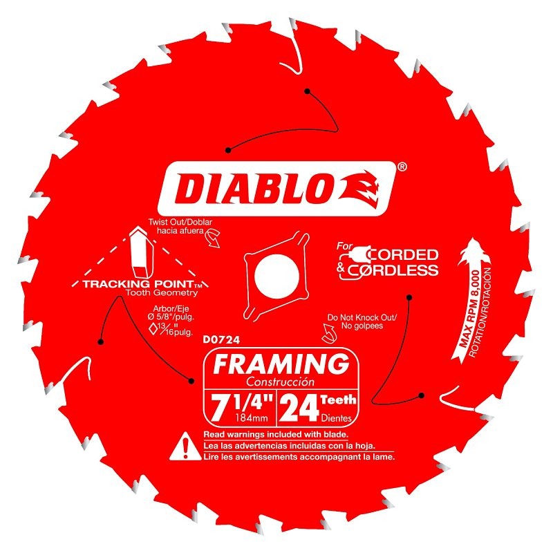 Diablo D0724A Circular Saw Blade, 7-1/4 in Dia, 5/8 in Arbor, 24-Teeth, 10,000 rpm, Carbide Cutting Edge (Pack of 10)