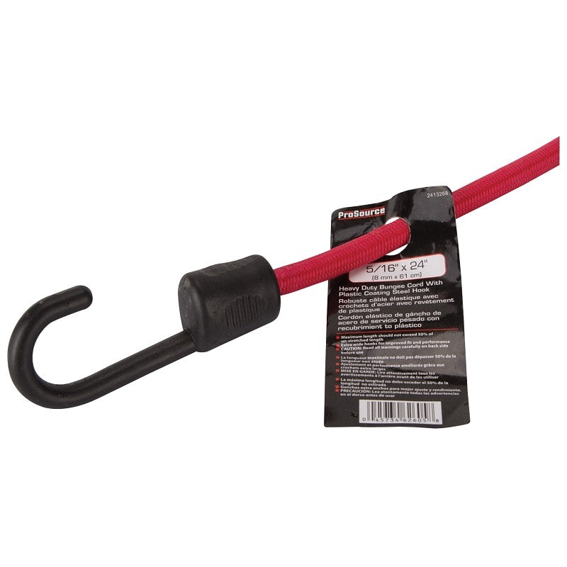 ProSource FH64082 Stretch Cord, 8 mm Dia, 24 in L, Red, Hook End (Pack of 12)