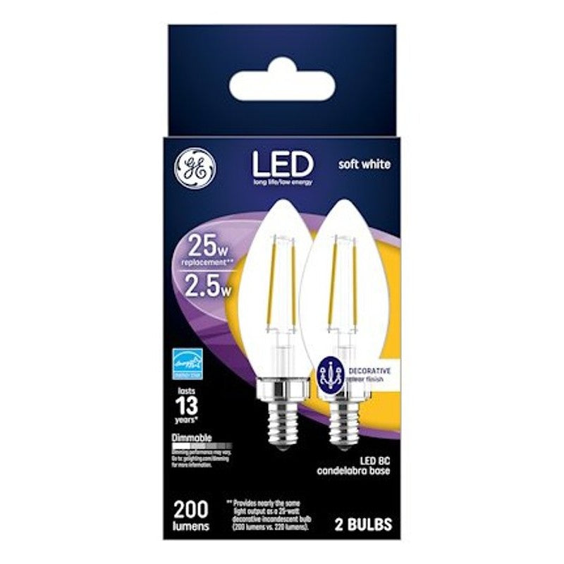 GE 22560 LED Bulb, Decorative, BC Lamp, 25 W Equivalent, E12 Lamp Base, Dimmable, Soft White Light, 2700 K Color Temp