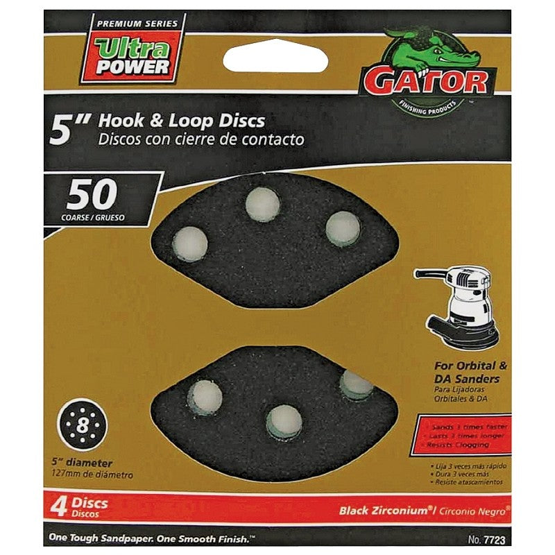 Gator 7723 Sanding Disc, 5 in Dia, 50 Grit, Coarse, Vented, Zirconium Oxide Abrasive