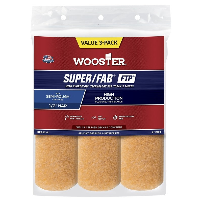 Wooster RR927-9 Roller Cover, 1/2 in Thick Nap, 9 in L, Knit Fabric Cover, Lager