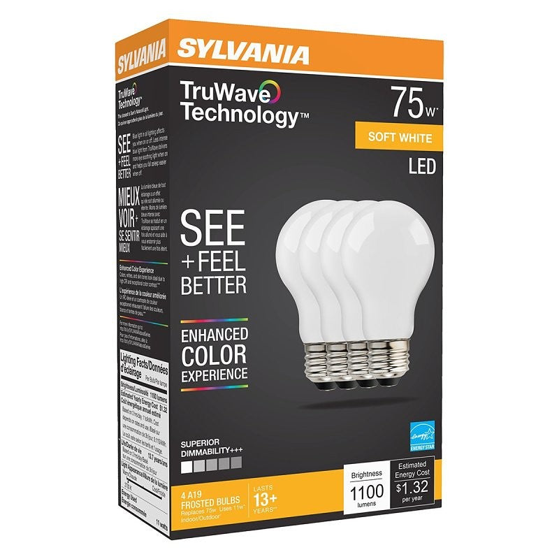 Sylvania 40662 LED Bulb, General Purpose, A19 Lamp, 75 W Equivalent, E26 Lamp Base, Dimmable, Frosted, Natural Light