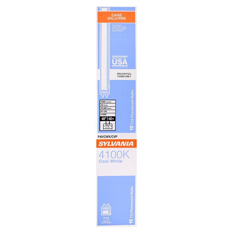 Sylvania 22461 Fluorescent Bulb, 4100 K Color Temp, Cool White, 1850 Lumens, 40 W, T12 Lamp, Medium Lamp Base