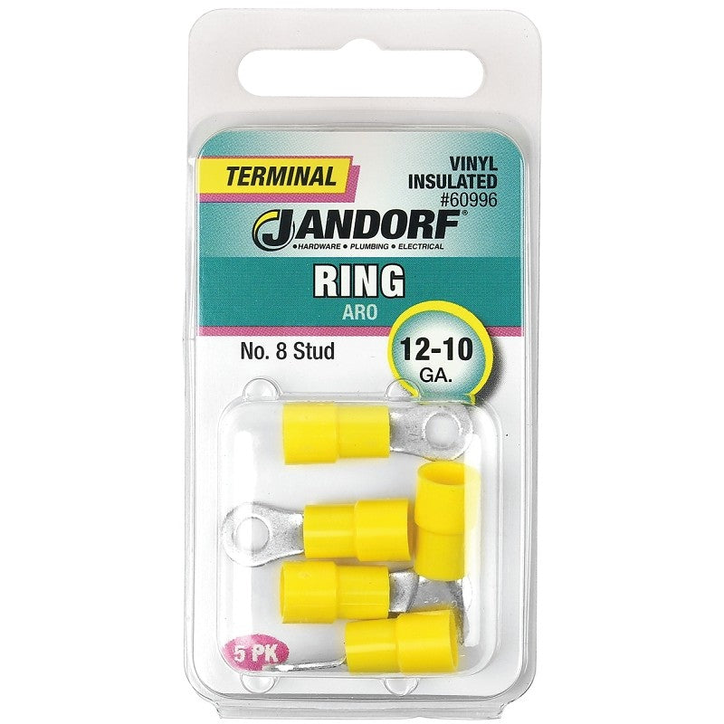 Jandorf 60996 Ring Terminal, 12 to 10 AWG Wire, #8 Stud, Vinyl Insulation, Copper Contact, Yellow