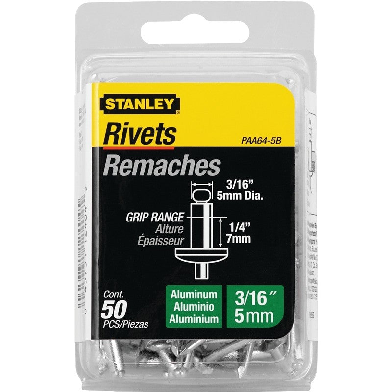 STANLEY PAA64-5B Pop Rivet, Reusable, 1/4 in Grip, 3/16, 1-1/2 in L, Aluminum, 50/PK