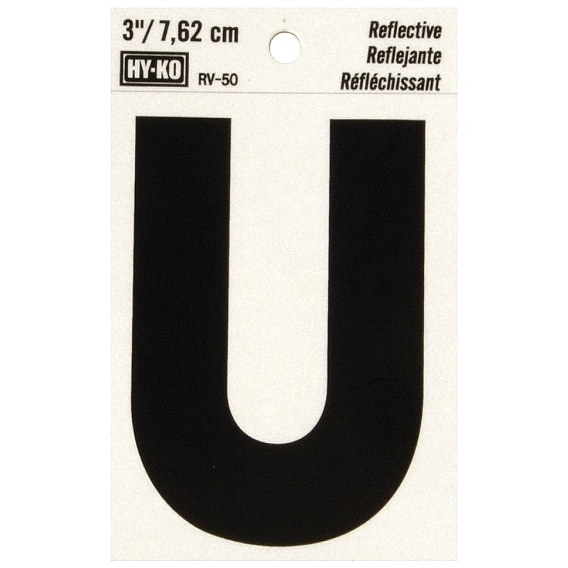 Hy-Ko RV-50/U Reflective Letter, Character: U, 3 in H Character, Black Character, Silver Background, Vinyl (Pack of 10)