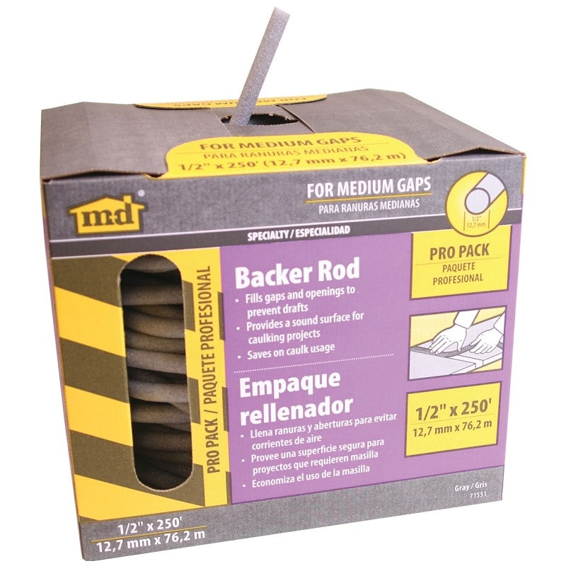 M-D 71551 Backer Rod, 1/2 in Dia, 250 ft L, Polyethylene, Gray