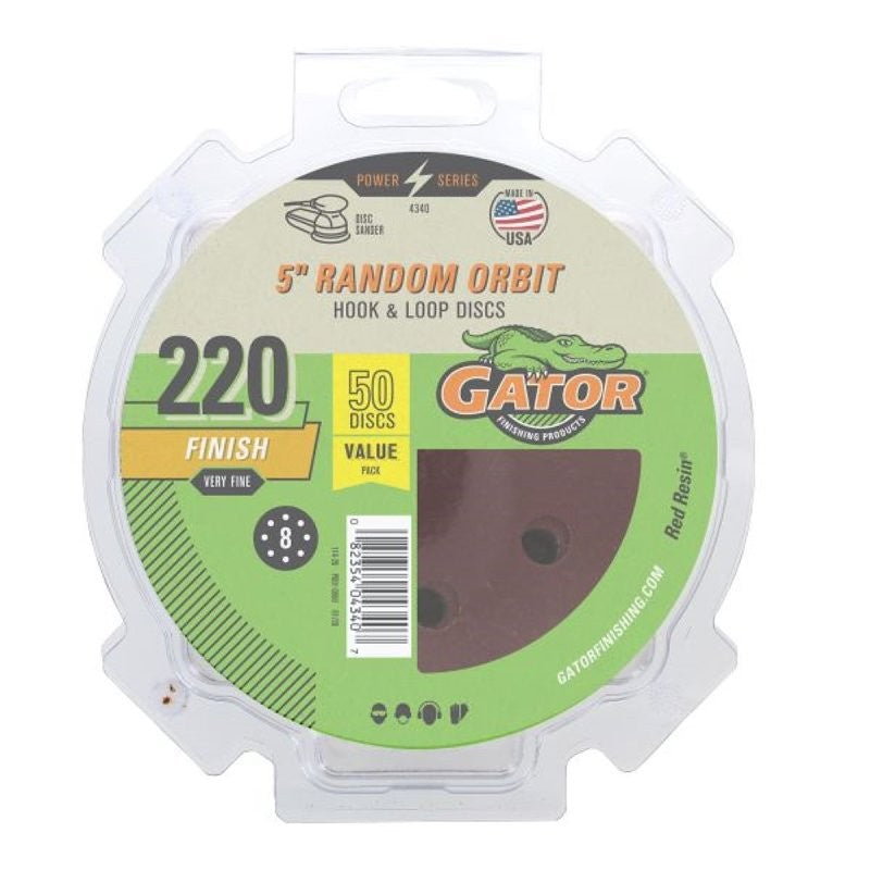 Gator 4340 Sanding Disc, 5 in Dia, 220 Grit, Extra Fine, Aluminum Oxide Abrasive, Vented, 50/PK