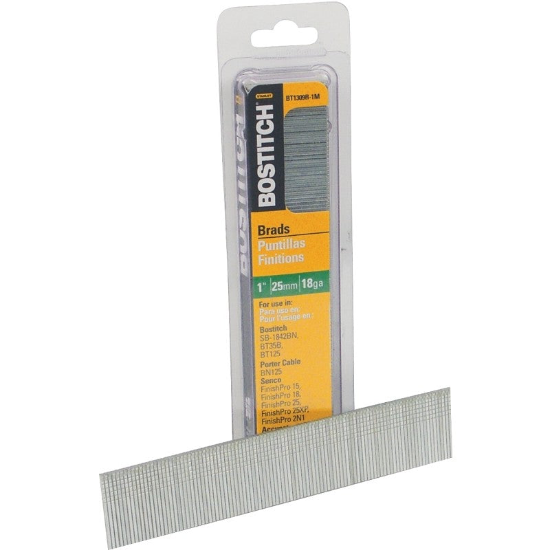 Bostitch BT1309B-1M Nail, Glue Collation, 1 in L, 18, Steel, Coated, Brad Head, Smooth Shank, 1000/PK (Pack of 10)