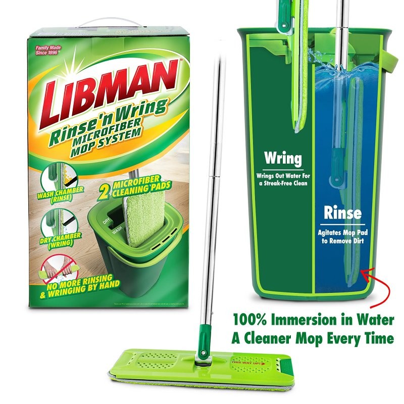 Libman Rinse 'n Wring 1516 Mop System, 51 in L, Loop and Hook Mop Connection, Microfiber Mop Head