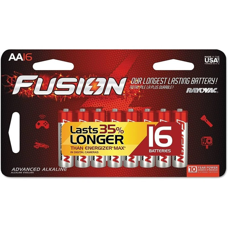 Rayovac FUSION 815-16LTFUSK Premium Battery, 1.5 V Battery, 2700 mAh, AA Battery, Alkaline, Zinc, Red/Silver