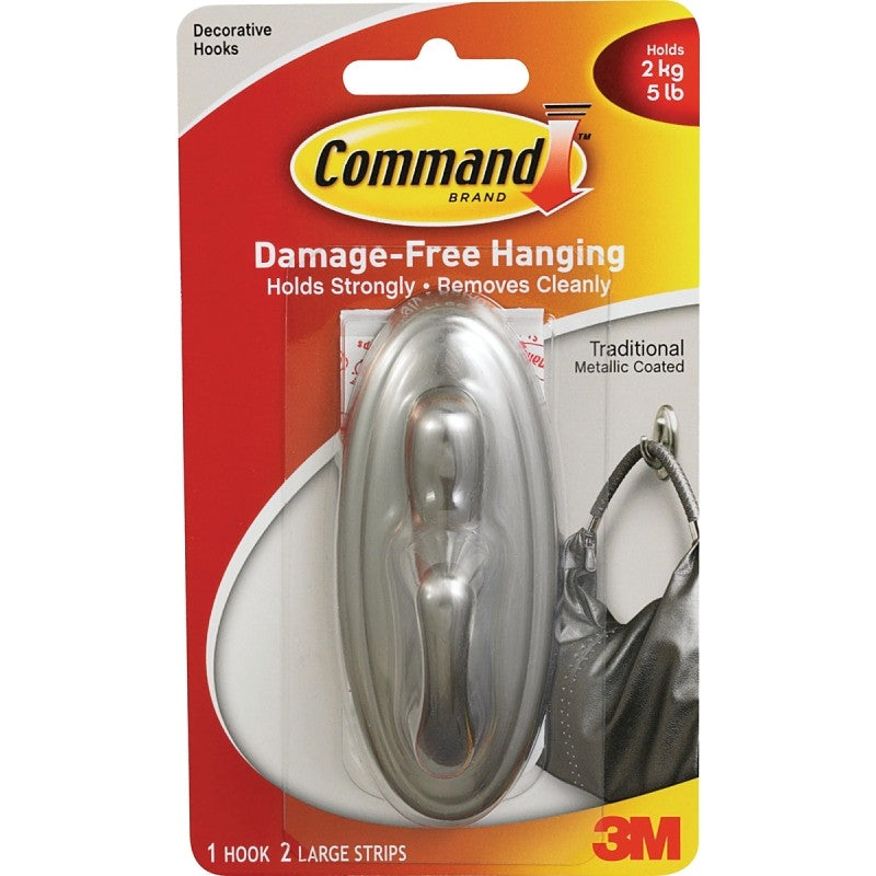 Command 17053BN Decorative Hook, 5 lb, 1-Hook, Plastic, Silver, Brushed Nickel